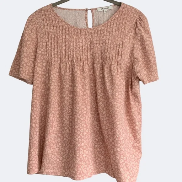 Madewell Parisian Ditsy Short Sleeve Pintuck Pull On Blouse Dusty Pink SZ M - Picture 2 of 10